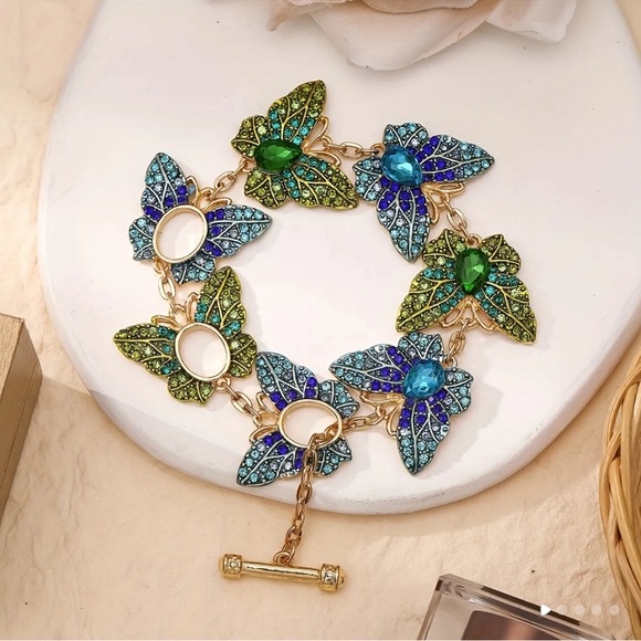 Blue Green Butterfly Fold Rhinestone Bracelet - Picture 4 of 4